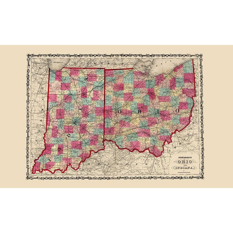 Ohio, Indiana - Johnson 1860 White Modern Wood Framed Art Print by Johnson