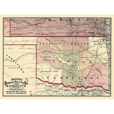 Oklahoma Indian Territory - Cram 1875 Gold Ornate Wood Framed Art Print with Double Matting by Cram