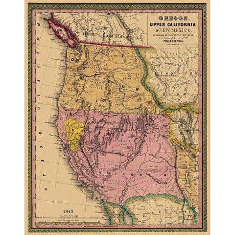 Oregon, Upper California - 1845 Gold Ornate Wood Framed Art Print with Double Matting by Mitchell