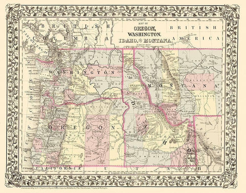 Oregon, Washington, Idaho, Montana - Campbell 1879 White Modern Wood Framed Art Print with Double Matting by Campbell