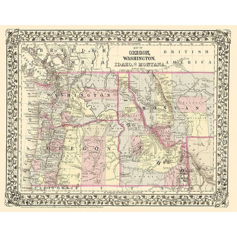 Oregon, Washington, Idaho, Montana - Campbell 1879 Black Modern Wood Framed Art Print with Double Matting by Campbell