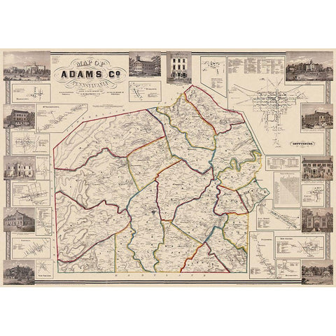 Adams Pennsylvania Landowner - Hopkins 1857 Gold Ornate Wood Framed Art Print with Double Matting by Hopkins