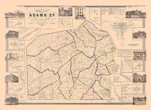 Adams County Pennsylvania - Hopkins 1858 Black Ornate Wood Framed Art Print with Double Matting by Hopkins