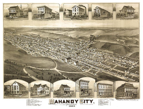 Mahanoy City Pennsylvania - Fowler 1889  Black Ornate Wood Framed Art Print with Double Matting by Fowler