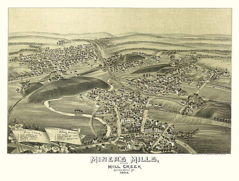 Miners Mills Mill Creek Pennsylvania - Fowler 1892  Black Ornate Wood Framed Art Print with Double Matting by Fowler