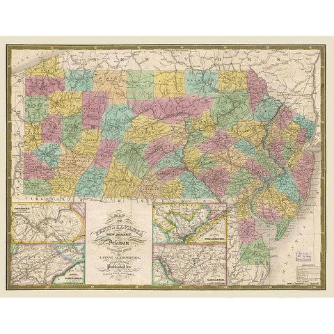 New Jersey Pennsylvania - Mitchell 1832  Gold Ornate Wood Framed Art Print with Double Matting by Mitchell