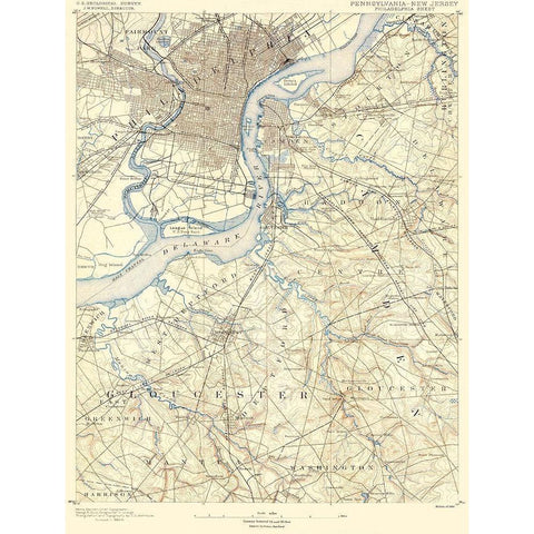 Philadelphia Pennsylvania New Jersey Quad White Modern Wood Framed Art Print by USGS