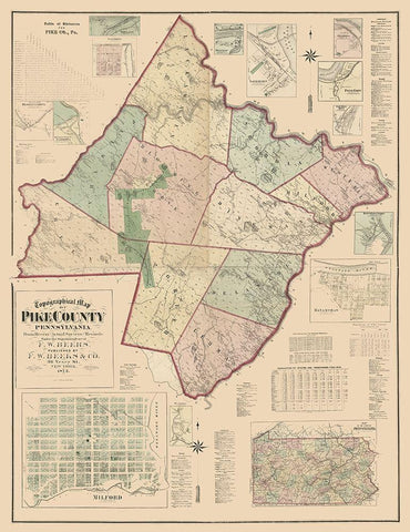 Pike County Pennsylvania - Beers 1872 Black Ornate Wood Framed Art Print with Double Matting by Beers