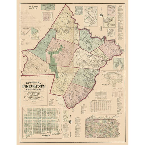 Pike County Pennsylvania - Beers 1872 Black Modern Wood Framed Art Print with Double Matting by Beers