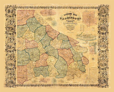 Washington County Pennsylvania - Barker 1856 Black Ornate Wood Framed Art Print with Double Matting by Barker