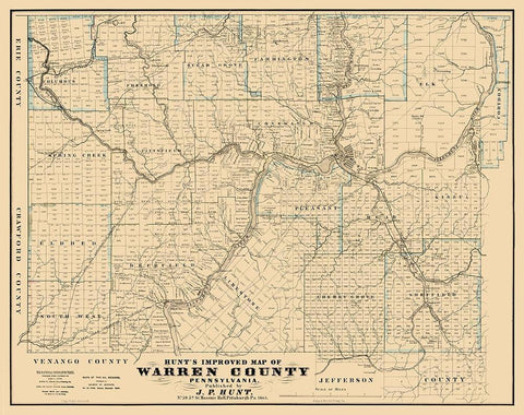 Warren County Pennsylvania - Hunt 1865 Black Ornate Wood Framed Art Print with Double Matting by Hunt
