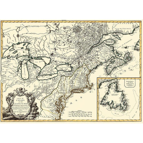 United States Canada - Vaugondy 1778 Gold Ornate Wood Framed Art Print with Double Matting by Vaugondy