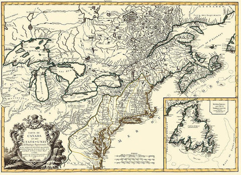 United States Canada - Vaugondy 1778 Black Ornate Wood Framed Art Print with Double Matting by Vaugondy