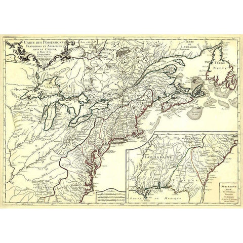 English French Possessions Canada Louisiana - 1756 Gold Ornate Wood Framed Art Print with Double Matting by Unknown