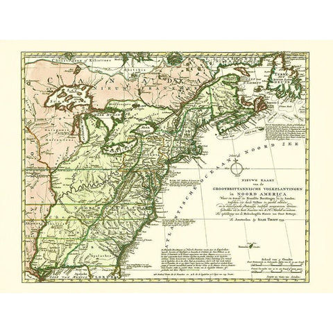 Great Britain Colonies North America - Tirion 1755 Gold Ornate Wood Framed Art Print with Double Matting by Tirion