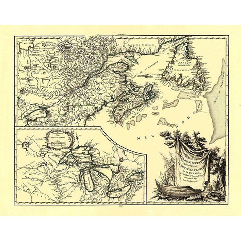 United States Canada - Vaugondy 1755 Gold Ornate Wood Framed Art Print with Double Matting by Vaugondy