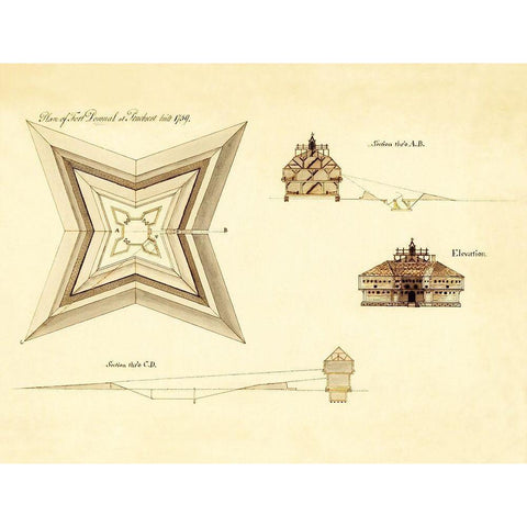 Fort Pownal at Penobscot - 1759 Gold Ornate Wood Framed Art Print with Double Matting by Unknown