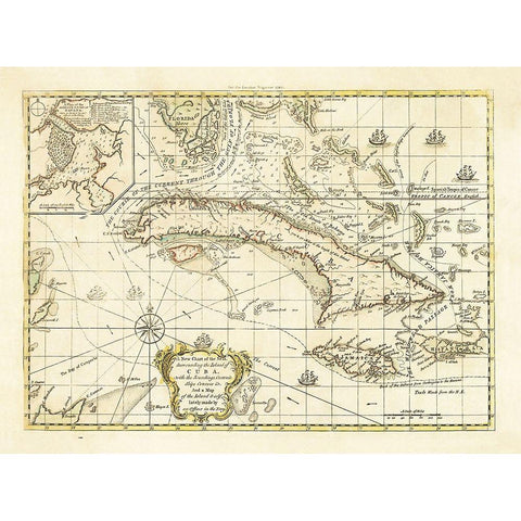 Currents Ships Courses Cuba - 1762 Gold Ornate Wood Framed Art Print with Double Matting by Unknown