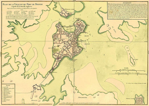 City Plan Port of Boston - Bellin 1735 Black Ornate Wood Framed Art Print with Double Matting by Bellin