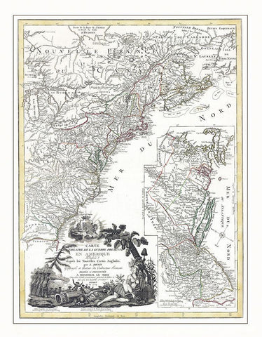 Seat of War in America - 1779 Black Ornate Wood Framed Art Print with Double Matting by Basset