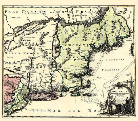 New England North America - Homann 1780 Black Ornate Wood Framed Art Print with Double Matting by Homann