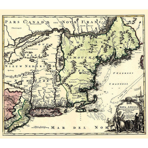New England North America - Homann 1780 Black Modern Wood Framed Art Print by Homann