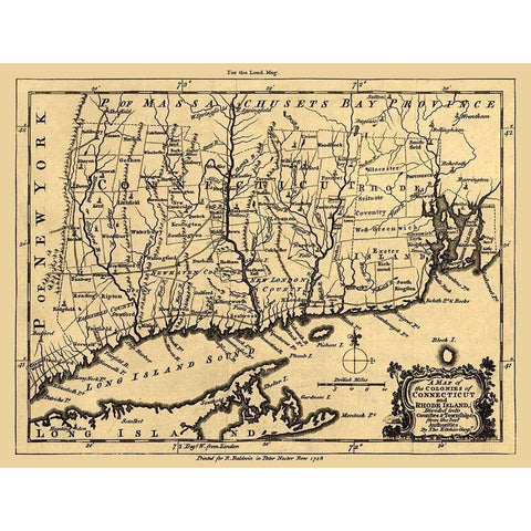 Connecticut Rhode Island - Kitchin 1758  Gold Ornate Wood Framed Art Print with Double Matting by Kitchin