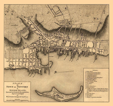 Newport Rhode Island - Blaskowitz 1777  Black Ornate Wood Framed Art Print with Double Matting by Blaskowitz