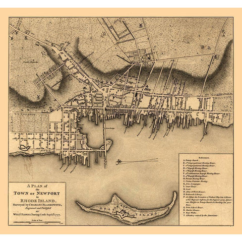 Newport Rhode Island - Blaskowitz 1777  Black Modern Wood Framed Art Print by Blaskowitz