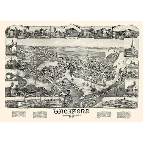 Wickford Rhode Island - Bailey 1888  Black Modern Wood Framed Art Print with Double Matting by Bailey