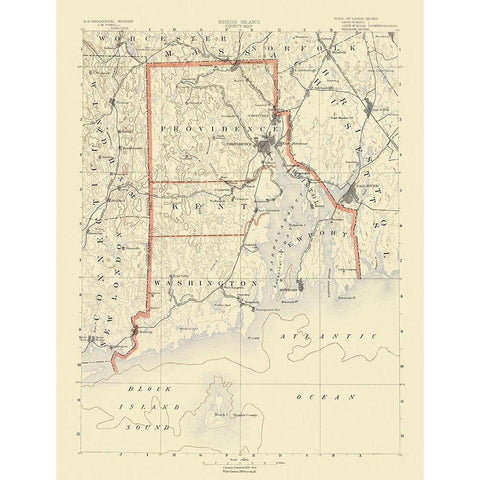 Rhode Island Counties Rhode Island - USGS 1891 Gold Ornate Wood Framed Art Print with Double Matting by USGS