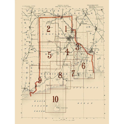 Rhode Island Rhode Island Index Sheet - USGS 1891 Gold Ornate Wood Framed Art Print with Double Matting by USGS