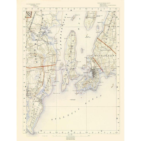 Rhode Island 7 of 10 Sheet - USGS 1891 Gold Ornate Wood Framed Art Print with Double Matting by USGS