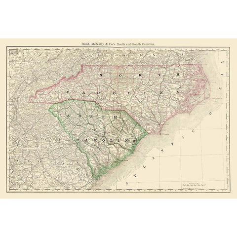 North Carolina, South Carolina - Rand McNally 1879 White Modern Wood Framed Art Print by Rand McNally