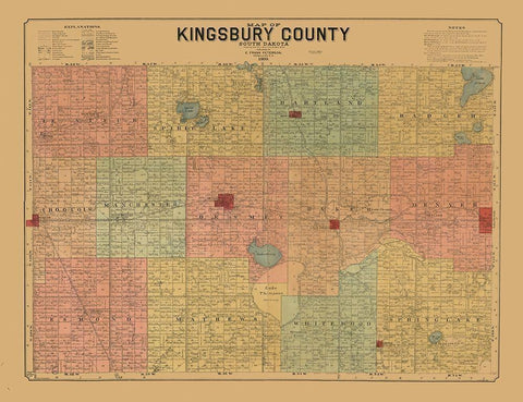 Kingsbury County South Dakota - Peterson 1899  Black Ornate Wood Framed Art Print with Double Matting by Peterson
