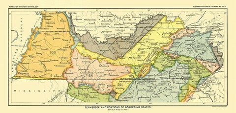 Tennessee - Bordering States - Hoen 1896 Black Ornate Wood Framed Art Print with Double Matting by Hoen