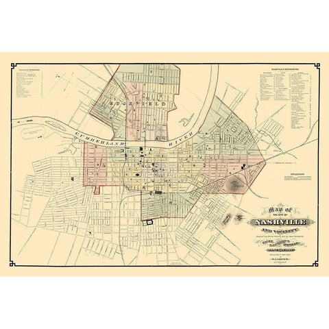 Nashville Tennessee - Foster 1877  Gold Ornate Wood Framed Art Print with Double Matting by Foster