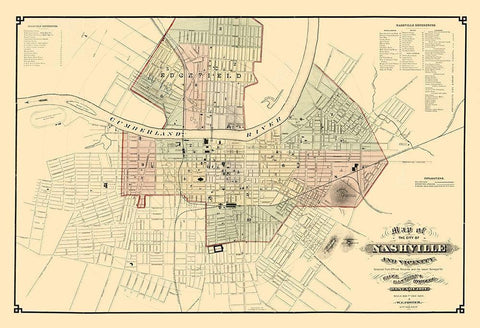 Nashville Tennessee - Foster 1877  Black Ornate Wood Framed Art Print with Double Matting by Foster