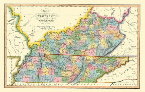 Kentucky, Tennessee Counties - Hinton 1831 Black Ornate Wood Framed Art Print with Double Matting by Hinton