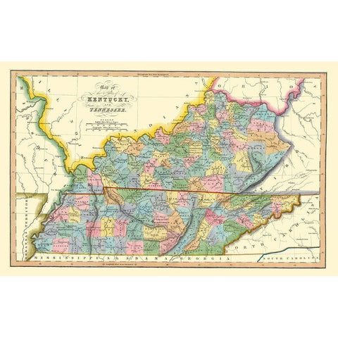 Kentucky, Tennessee Counties - Hinton 1831 Black Modern Wood Framed Art Print by Hinton