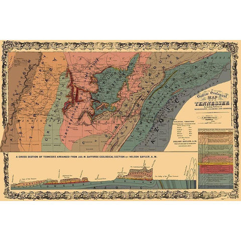Tennessee Outline Geographical - Mendenhall 1866 Black Modern Wood Framed Art Print by Mendenhall