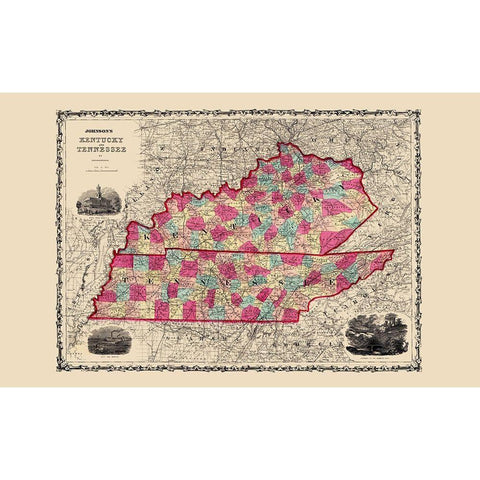 Kentucky, Tennessee - Johnson 1860 Gold Ornate Wood Framed Art Print with Double Matting by Johnson