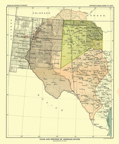 Texas - Adjoining States - Hoen 1896 Black Ornate Wood Framed Art Print with Double Matting by Hoen