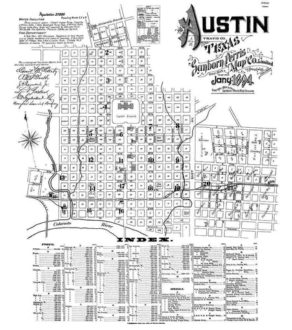 Austin Texas - Sanborn 1894 Black Ornate Wood Framed Art Print with Double Matting by Sanborn
