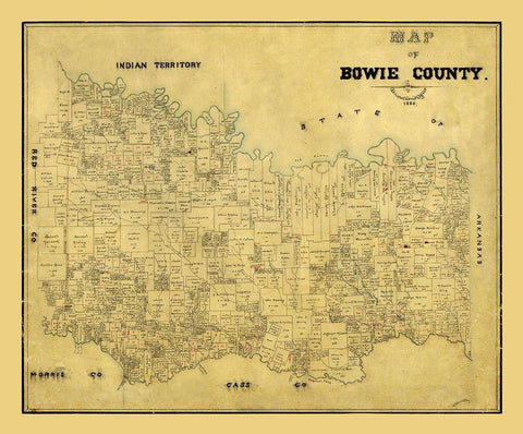 Bowie County Texas - 1884 Black Ornate Wood Framed Art Print with Double Matting by Unknown