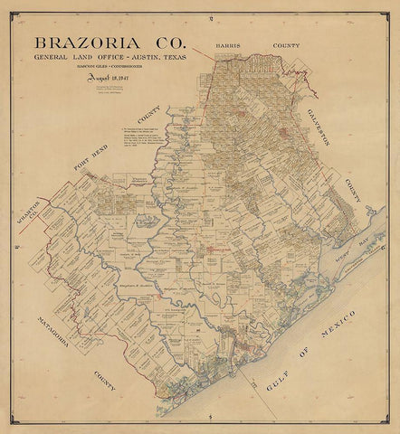 Brazoria County Texas - 1947 Black Ornate Wood Framed Art Print with Double Matting by Unknown