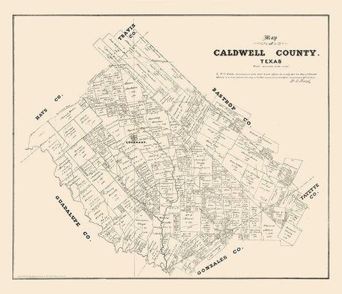 Caldwell County Texas - Walsh 1880 Black Ornate Wood Framed Art Print with Double Matting by Walsh