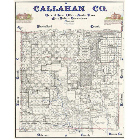Callahan County Texas - Sadler 1869 Gold Ornate Wood Framed Art Print with Double Matting by Sadler