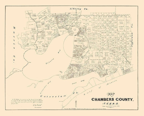Chambers County Texas - Walsch 1879 Black Ornate Wood Framed Art Print with Double Matting by Walsh
