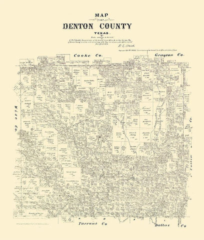 Denton County Texas - Walsh 1879 Black Ornate Wood Framed Art Print with Double Matting by Walsh